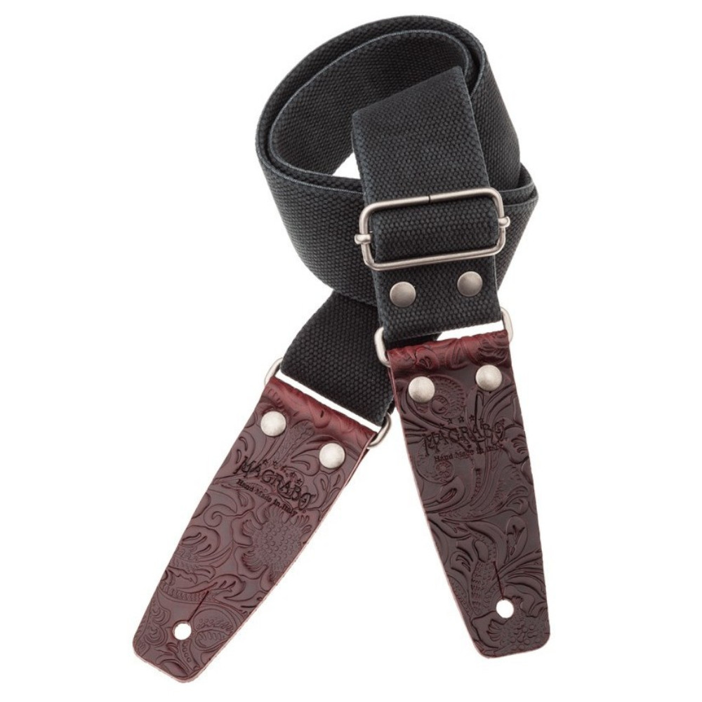 Tracolla Magrabò Stripe SC Entry Olded Nero 5 cm terminali Embossed Flores Bordeaux fibbia Argento Antico